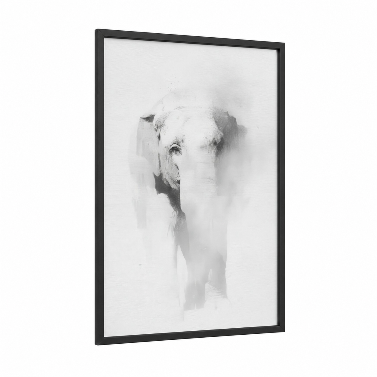 Misty Elephant framed asian elephant print — black wood frame — gray and white and gray palette