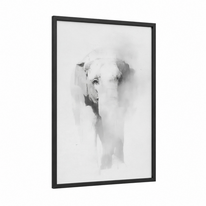 Misty Elephant framed asian elephant print — black wood frame — gray and white and gray palette