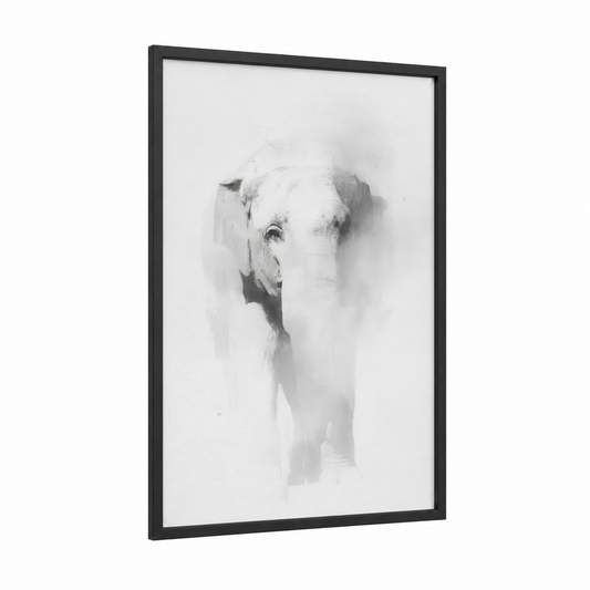 Misty Elephant framed asian elephant print — black wood frame — gray and white and gray palette