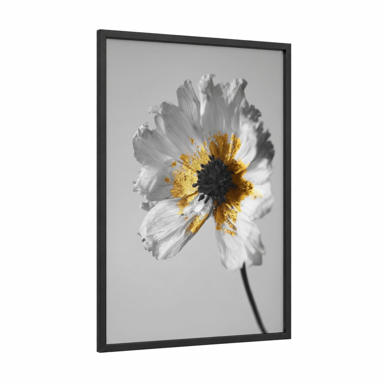 Golden Blossom framed abstract flower print — black wood frame — white and yellow gold palette