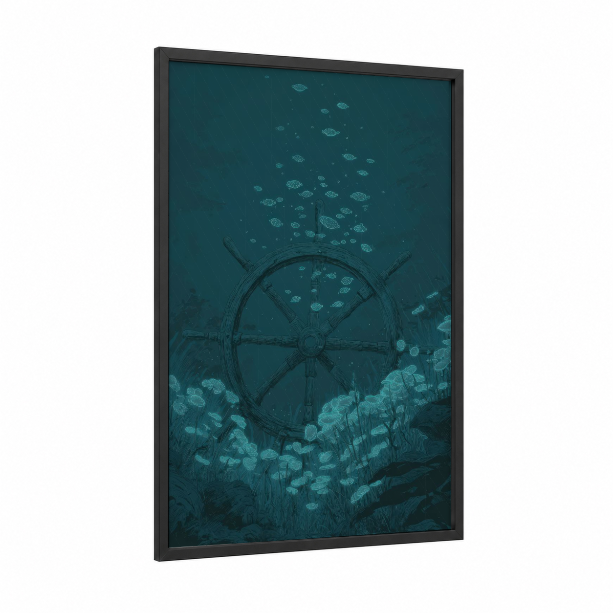 Sunken Shipwheel framed art print — black wood frame — teal and blue palette