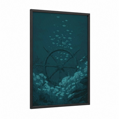 Sunken Shipwheel framed art print — black wood frame — teal and blue palette