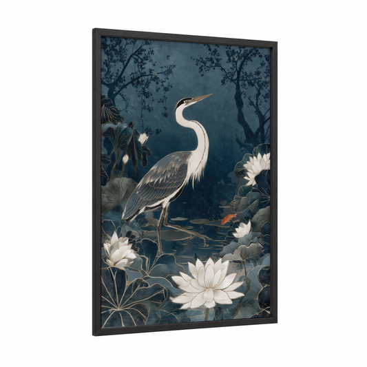 Elegant Heron Pond framed art print — black wood frame — teal and white palette