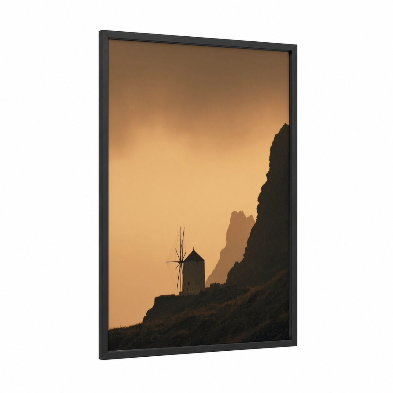 Golden Windmill framed windmills print — black wood frame — gold and black palette