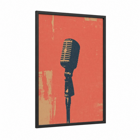 Vintage Microphone framed art print — black wood frame — pumpkin and black palette
