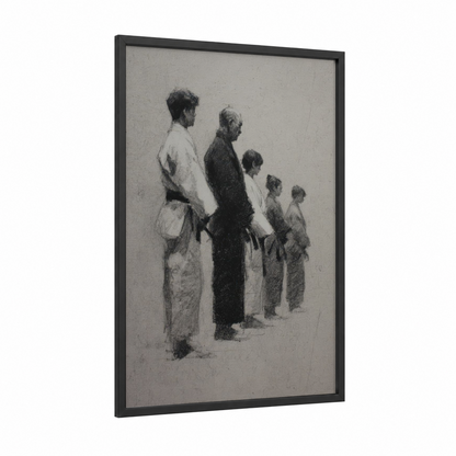 Judo Lineage framed art print — black wood frame — black and white and gray palette