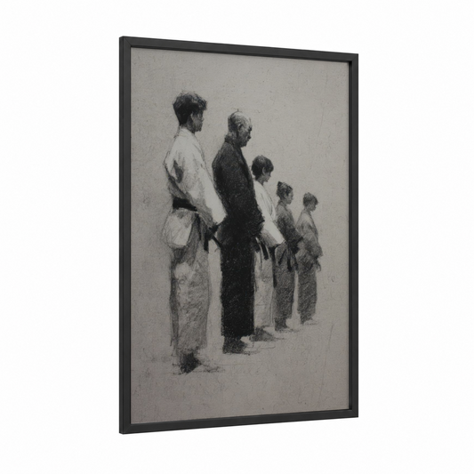 Judo Lineage framed art print — black wood frame — black and white and gray palette