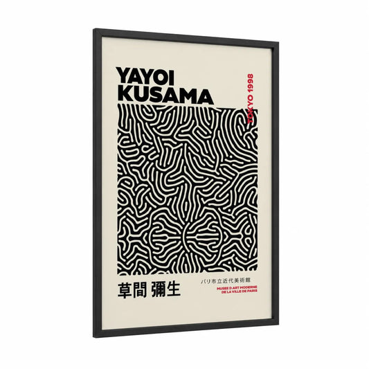 Yayoi Kusama Geometric Pattern Wall Art framed abstract geometric print — black wood frame — black and white and beige palette