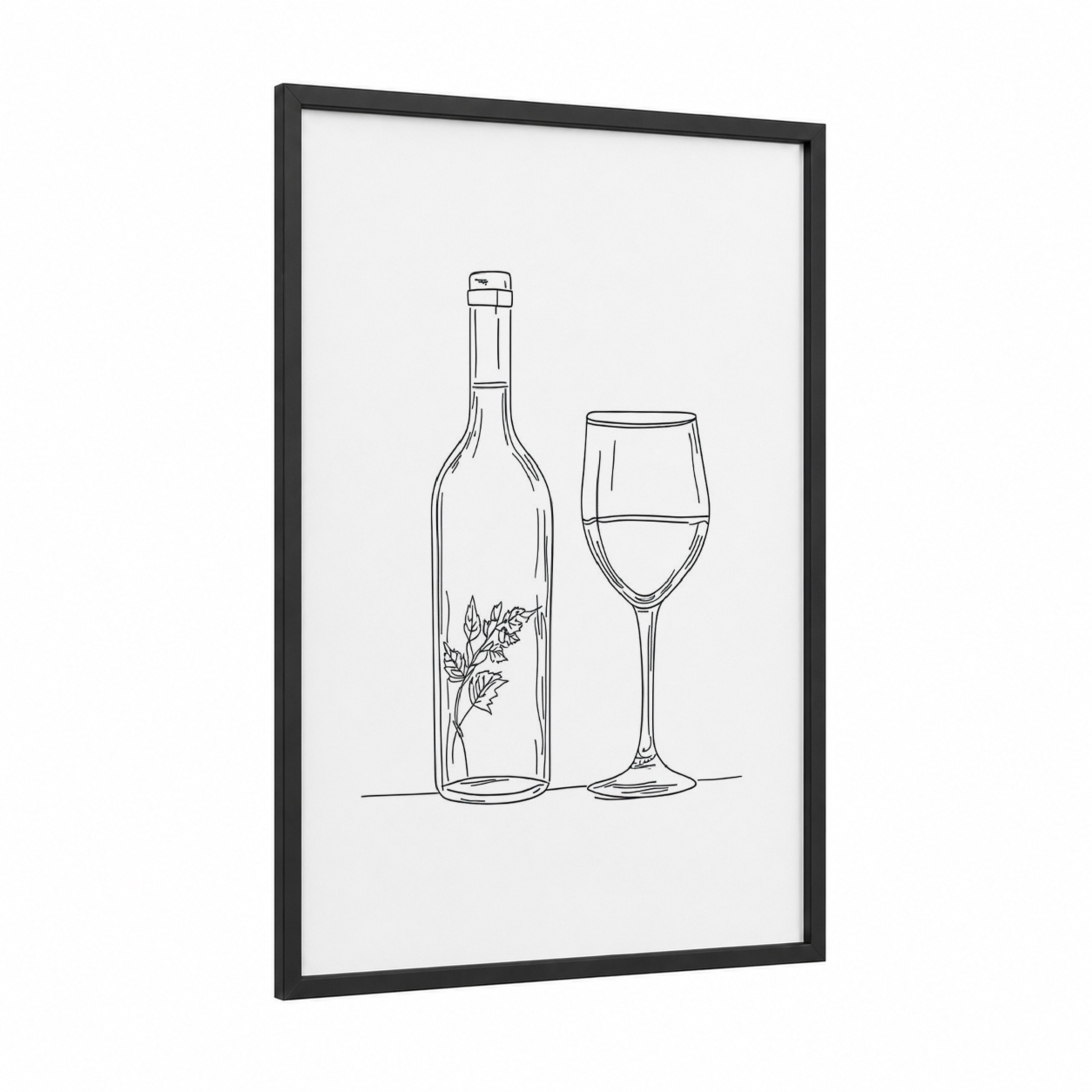 Wine Bottle & Glass framed wine and alcohol print — black wood frame — black and white palette