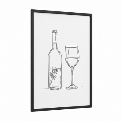 Wine Bottle & Glass framed wine and alcohol print — black wood frame — black and white palette