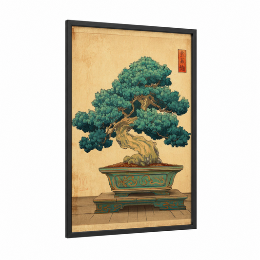 Verdant Bonsai framed bonsai tree print — black wood frame — teal and gold palette