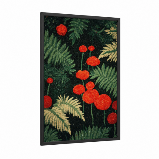 Rowan Beadwork framed art print — black wood frame — red and dark green palette