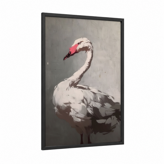 Pink Swan Portrait framed art print — black wood frame — pink and gray palette