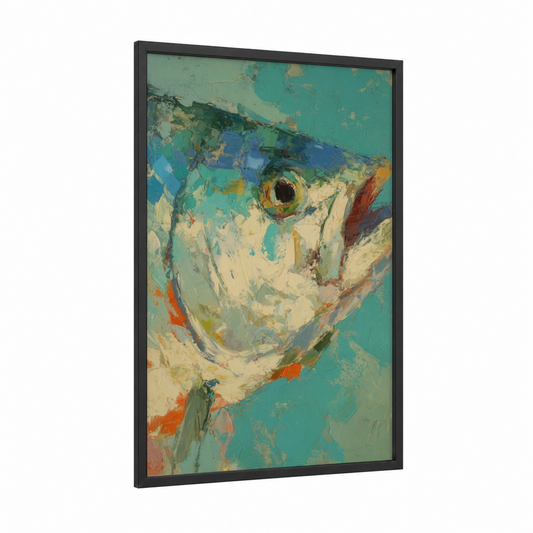 Golden Tarpon framed art print — black wood frame — teal and gold palette