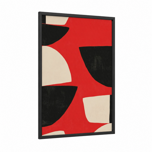 Bold Geometric Expressionism framed abstract expressionism print — black wood frame — red and black and white palette