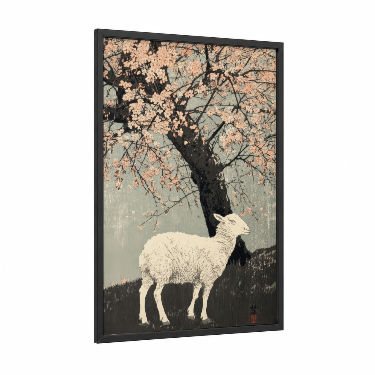 Cherry Blossom Sheep framed art print — black wood frame — peach and dove gray palette
