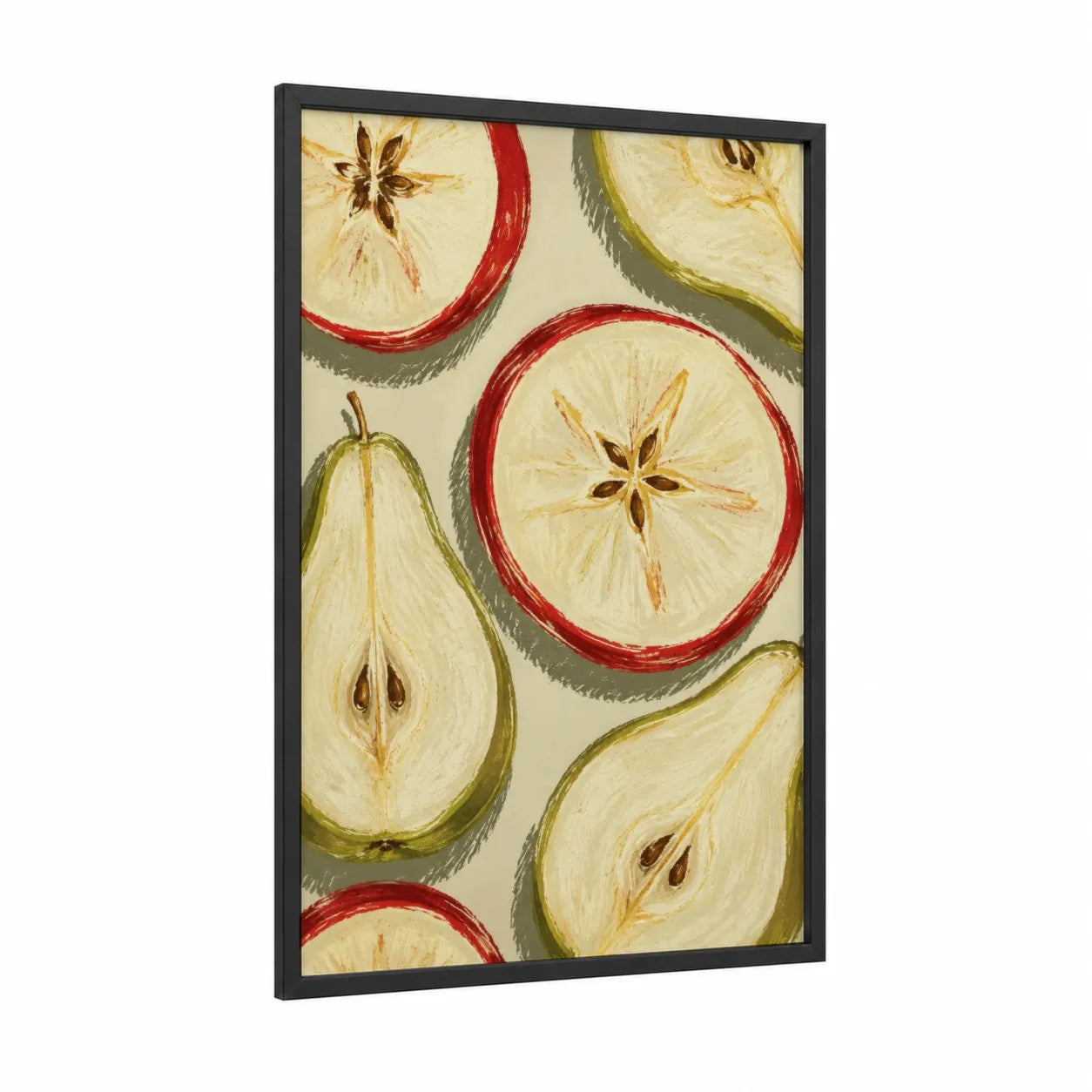 Apple and Pear Slices Wall Art framed fruit print — black wood frame — red and cream palette