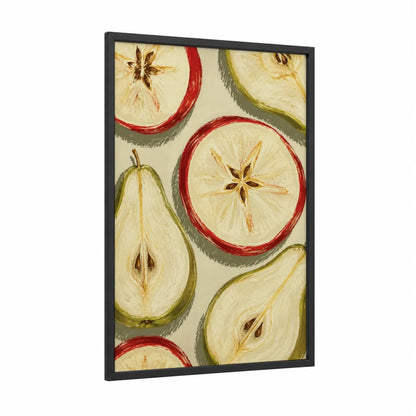 Apple and Pear Slices Wall Art framed fruit print — black wood frame — red and cream palette