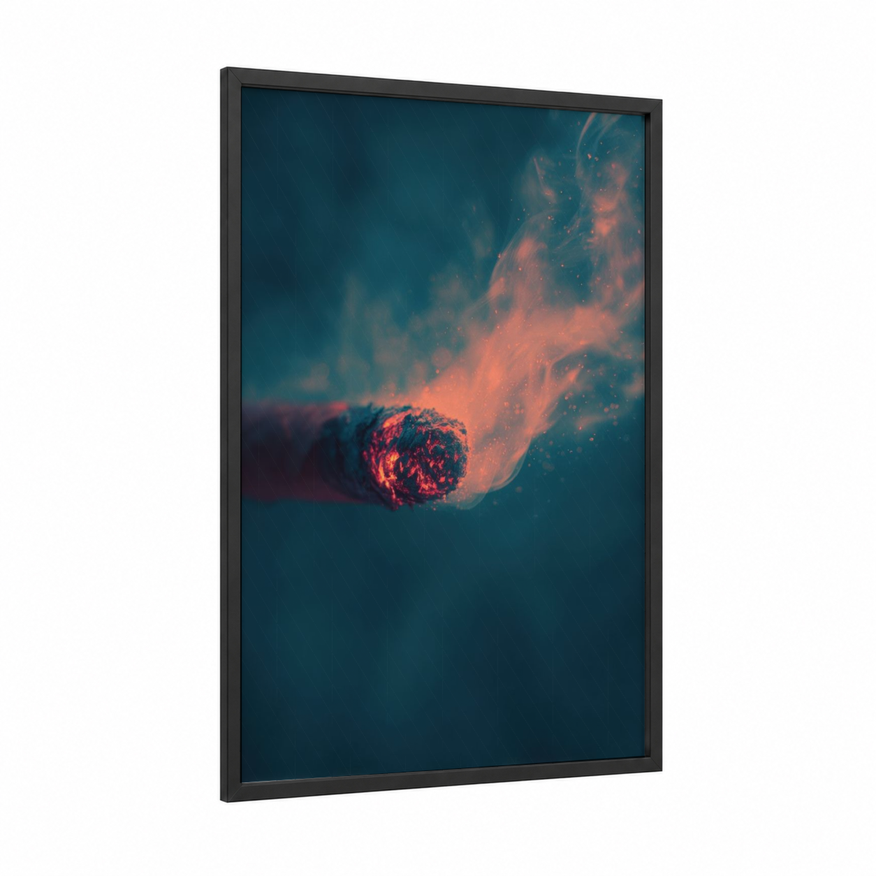 Crimson Smoke Trail framed art print — black wood frame — teal and orange palette