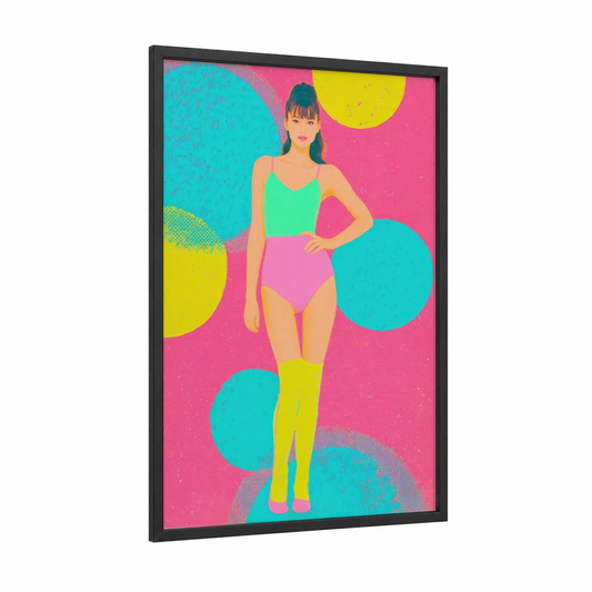 Neon Retro framed retro fashion print — black wood frame — magenta and blue palette
