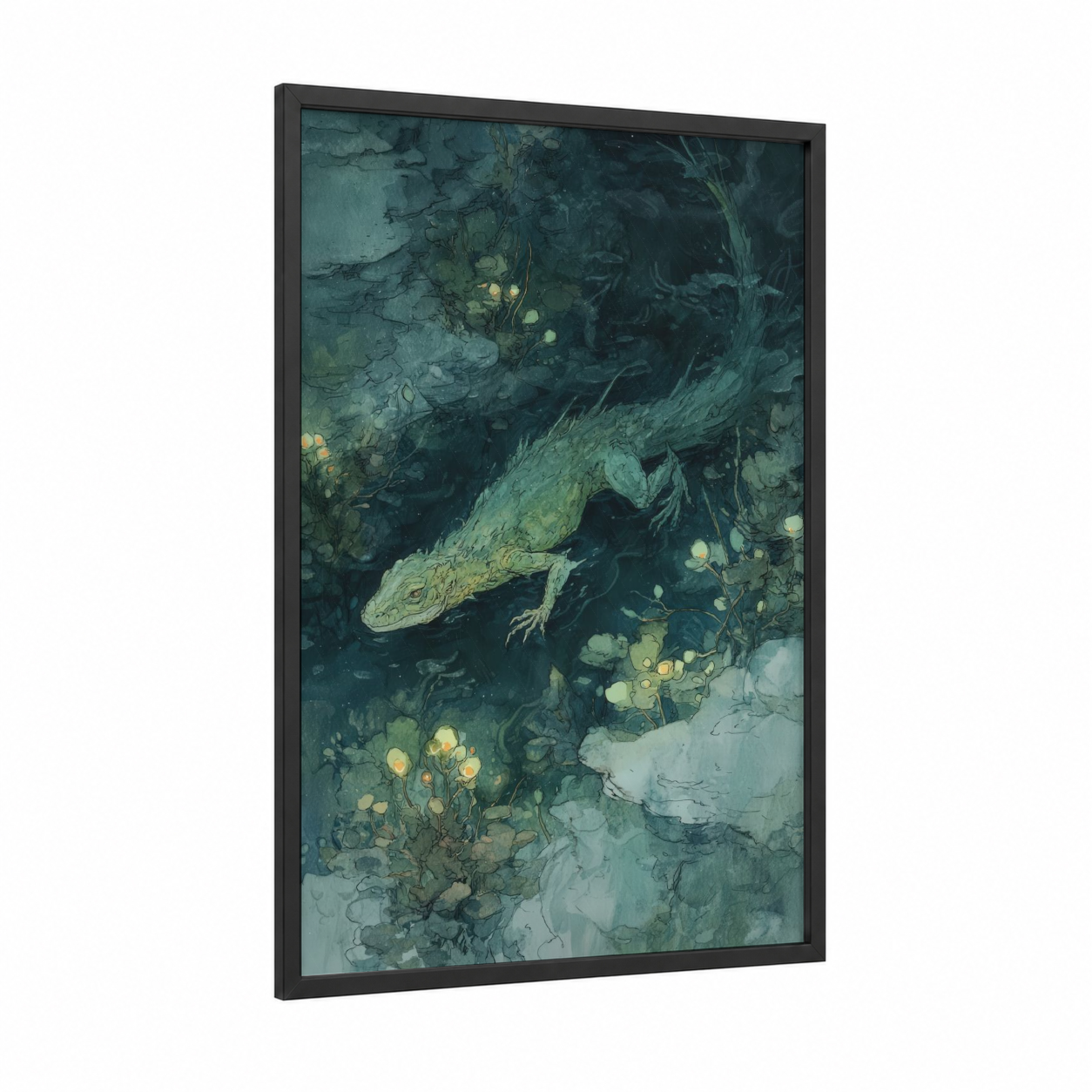 Golden Basilisk framed art print — black wood frame — teal and sage green palette