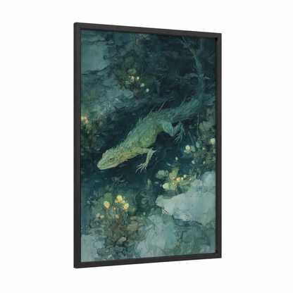 Golden Basilisk framed art print — black wood frame — teal and sage green palette