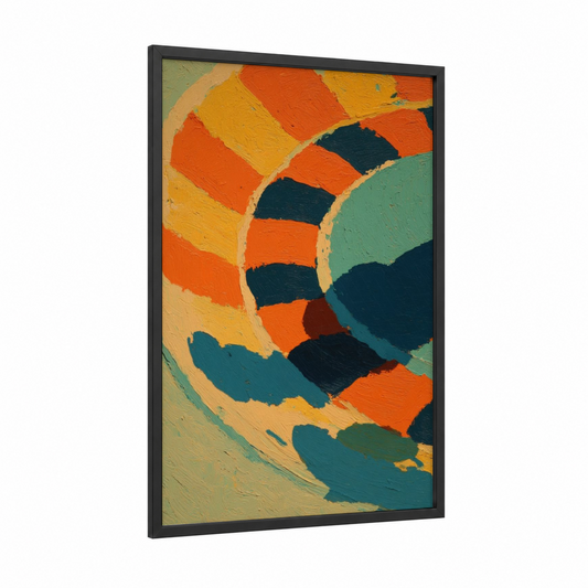 Spinning Fortune framed roulette print — black wood frame — orange and gold palette