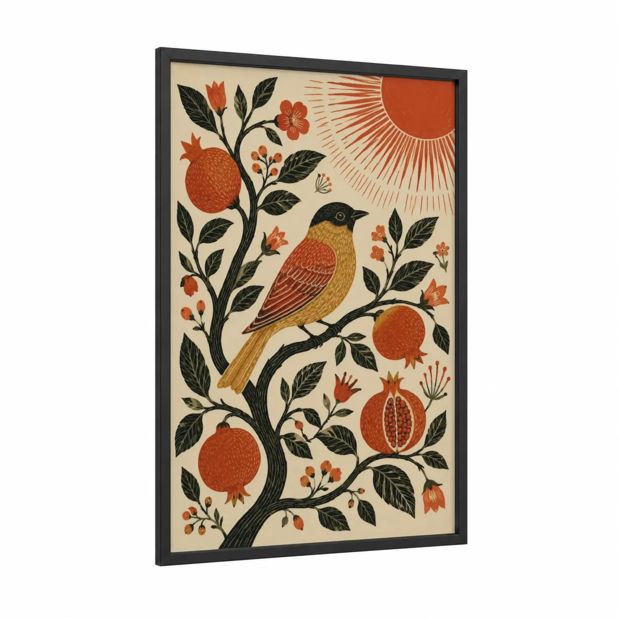 Songbird in Pomegranate Tree Wall Art framed art print — black wood frame — orange and cream palette
