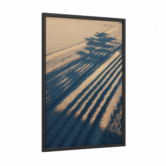 Golden Sunrise Shadows framed art print — black wood frame — gold and blue palette