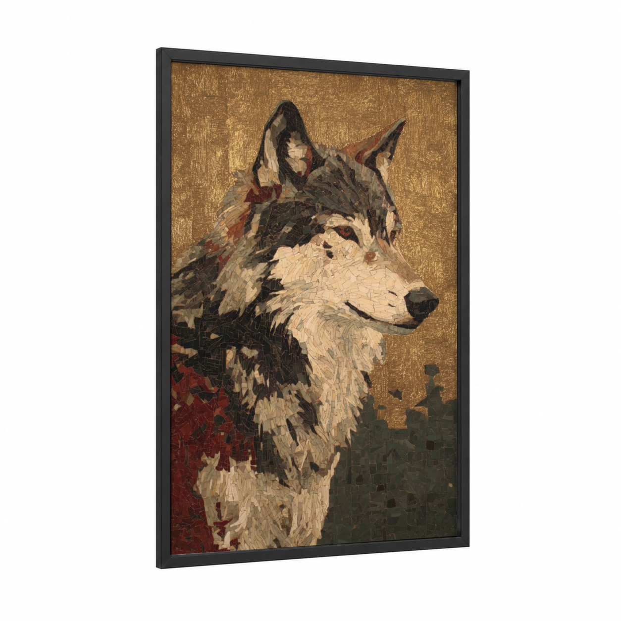 Regal Wolf framed art print — black wood frame — gold and black and white palette