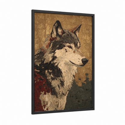 Regal Wolf framed art print — black wood frame — gold and black and white palette