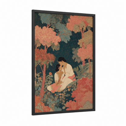 Garden Romance framed hinduism print — black wood frame — salmon pink and sage green palette