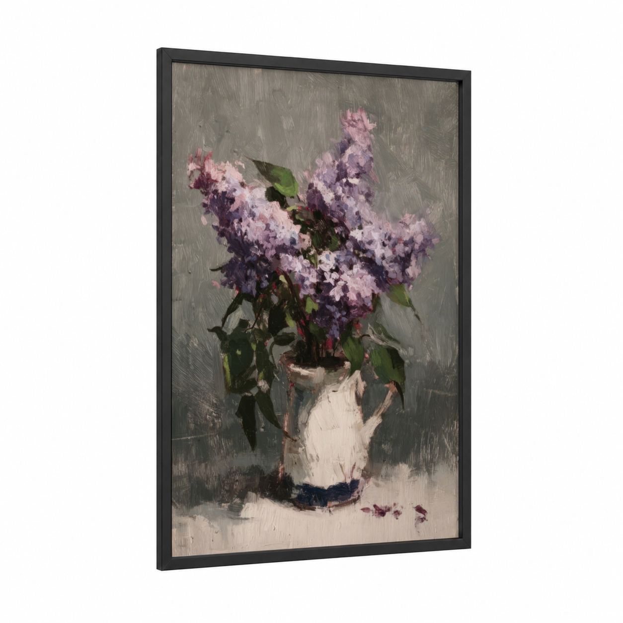 Purple Lilac Blooms framed art print — black wood frame — lavender and gray palette