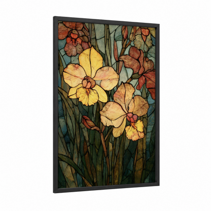 Golden Orchid Garden framed art print — black wood frame — gold and teal palette