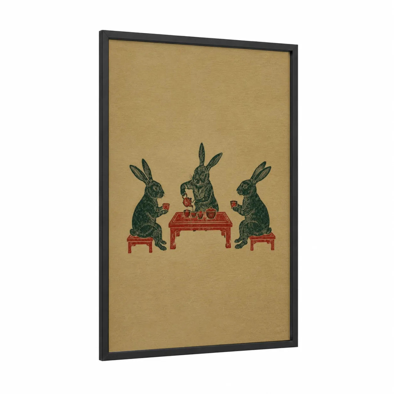 Japanese Tea Ceremony Rabbits Wall Art framed art print — black wood frame — beige and red palette