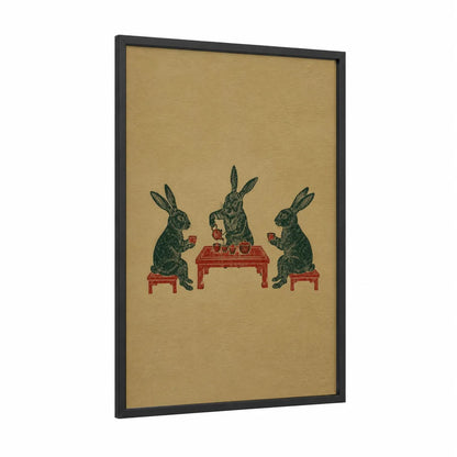 Japanese Tea Ceremony Rabbits Wall Art framed art print — black wood frame — beige and red palette