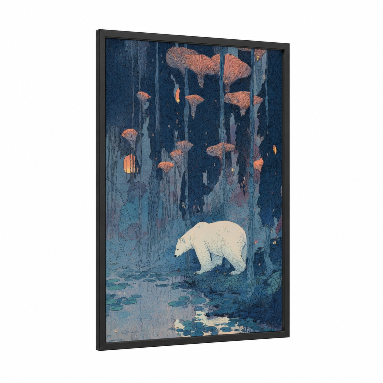Mystical Polar Bear framed art print — black wood frame — dark blue and peach palette
