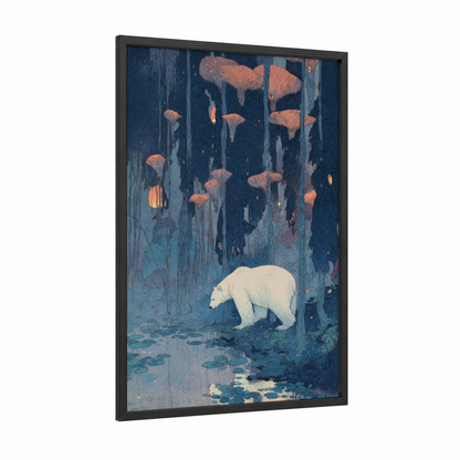 Mystical Polar Bear framed art print — black wood frame — dark blue and peach palette
