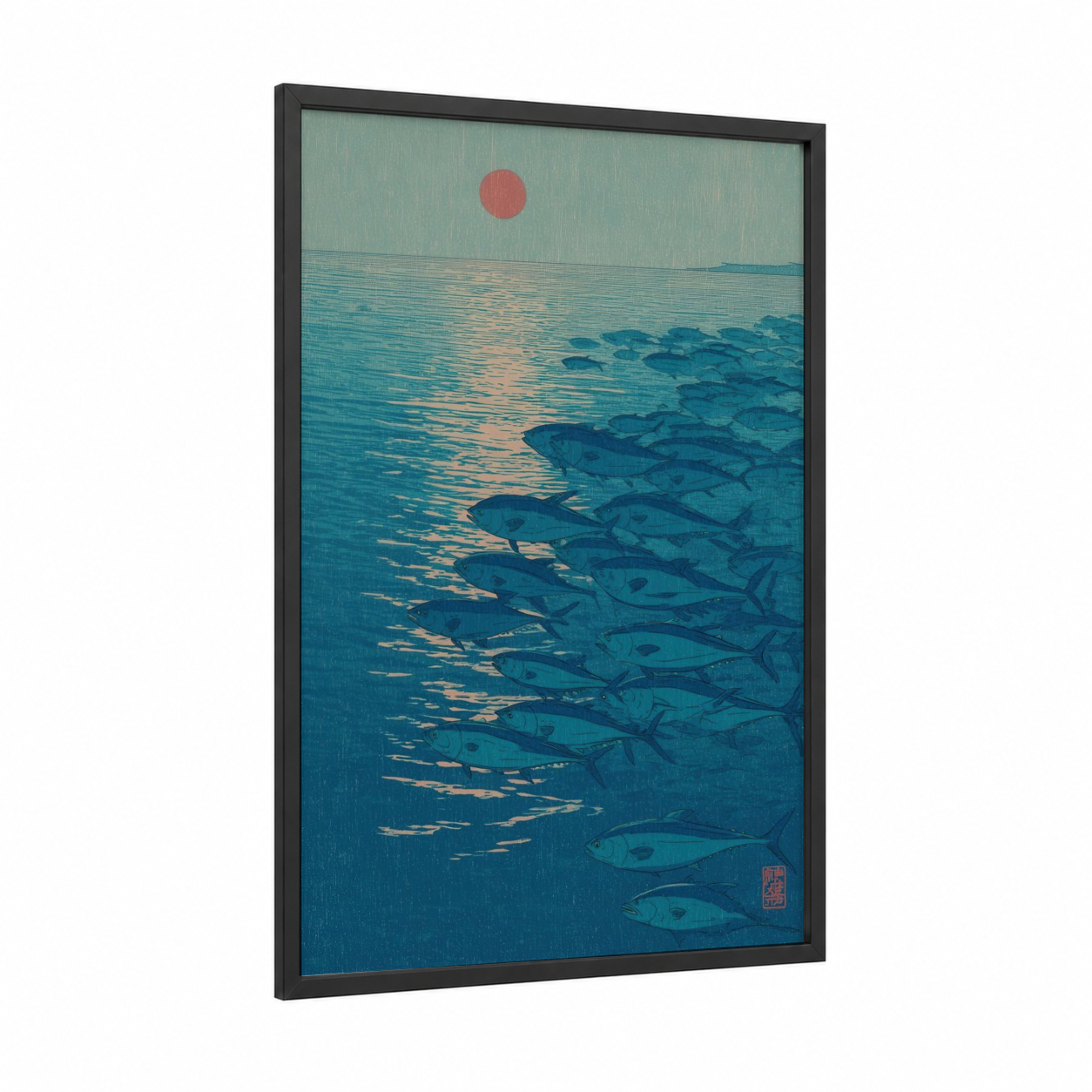 Crimson Sunrise Tuna framed art print — black wood frame — blue and rose gold palette