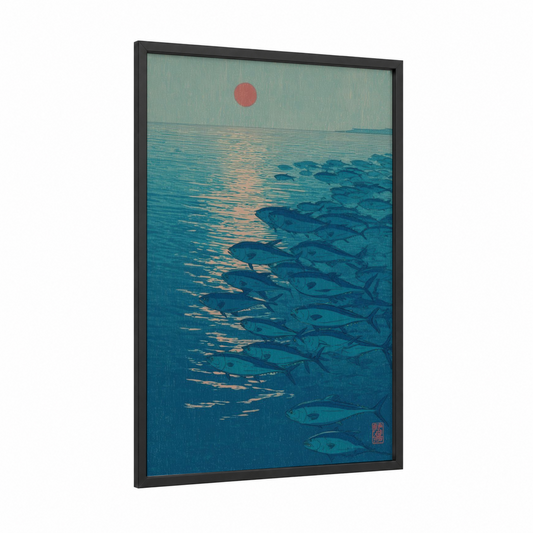 Crimson Sunrise Tuna framed art print — black wood frame — blue and rose gold palette