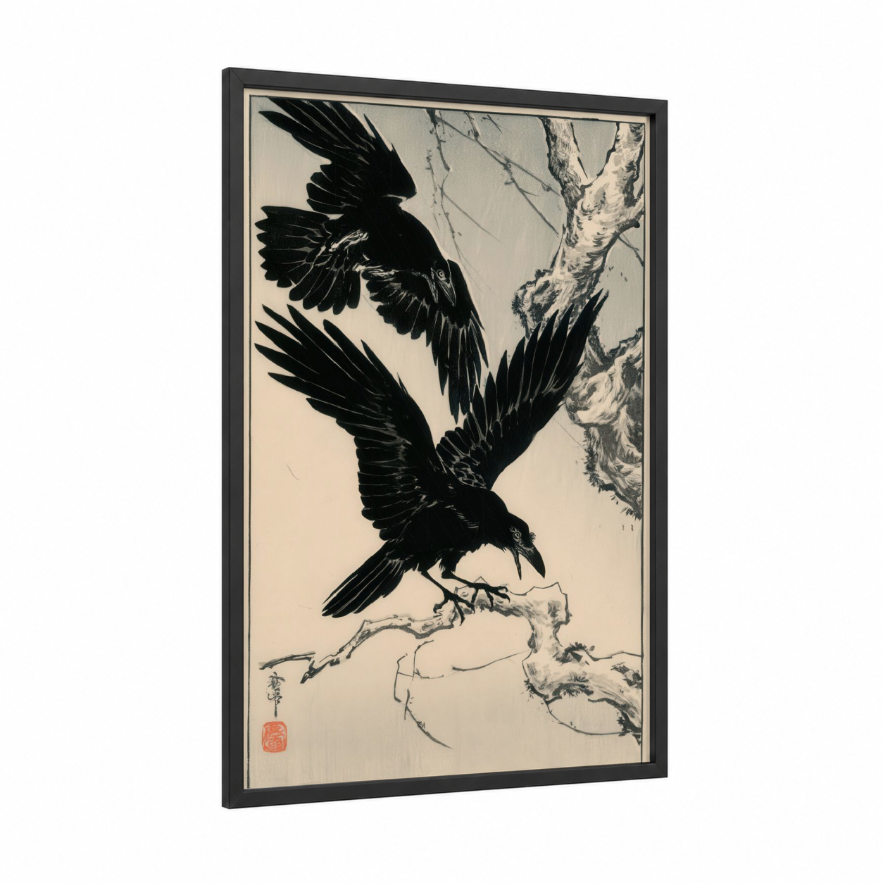 Perched Ravens framed crows and ravens print — black wood frame — black and white palette