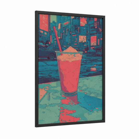 Urban Milkshake framed art print — black wood frame — blue and red palette