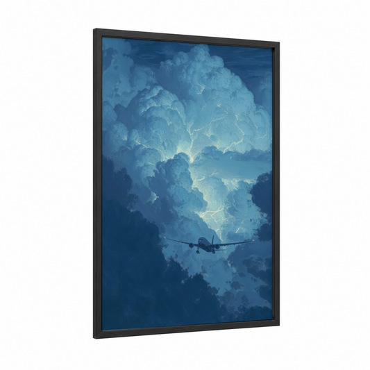 Thunderstorm Flight framed commercial plane print — black wood frame — blue and white palette