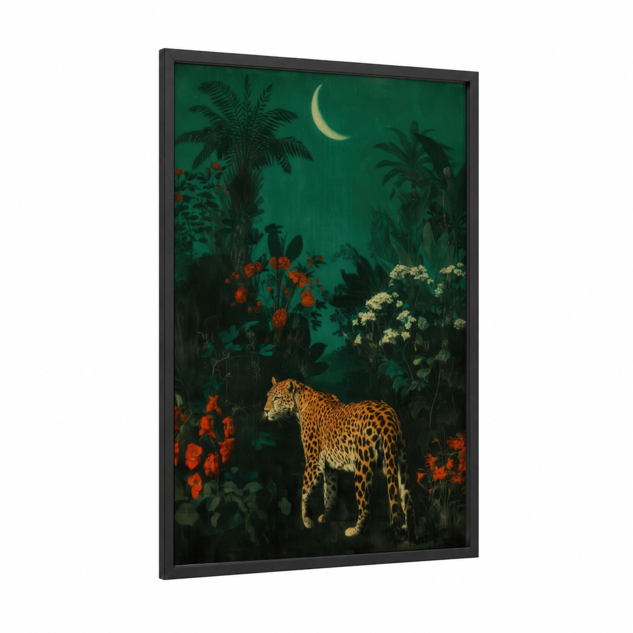 Moonlit Leopard framed art print — black wood frame — dark green and gold palette