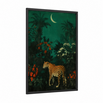 Moonlit Leopard framed art print — black wood frame — dark green and gold palette