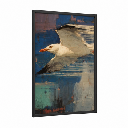 Coastal Seagull framed art print — black wood frame — blue and white and gold and white palette