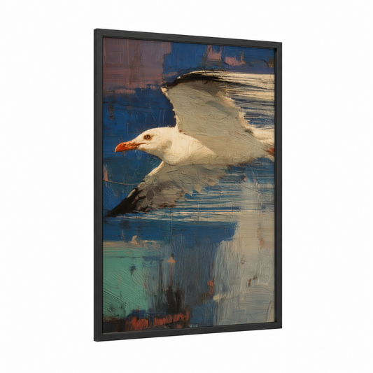 Coastal Seagull framed art print — black wood frame — blue and white and gold and white palette