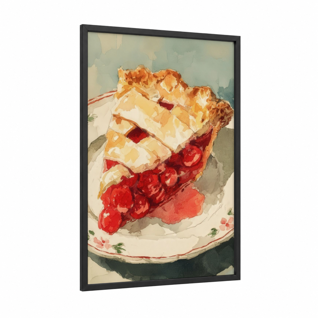 Strawberry Cheesecake Slice framed sweet print — black wood frame — peach and red palette