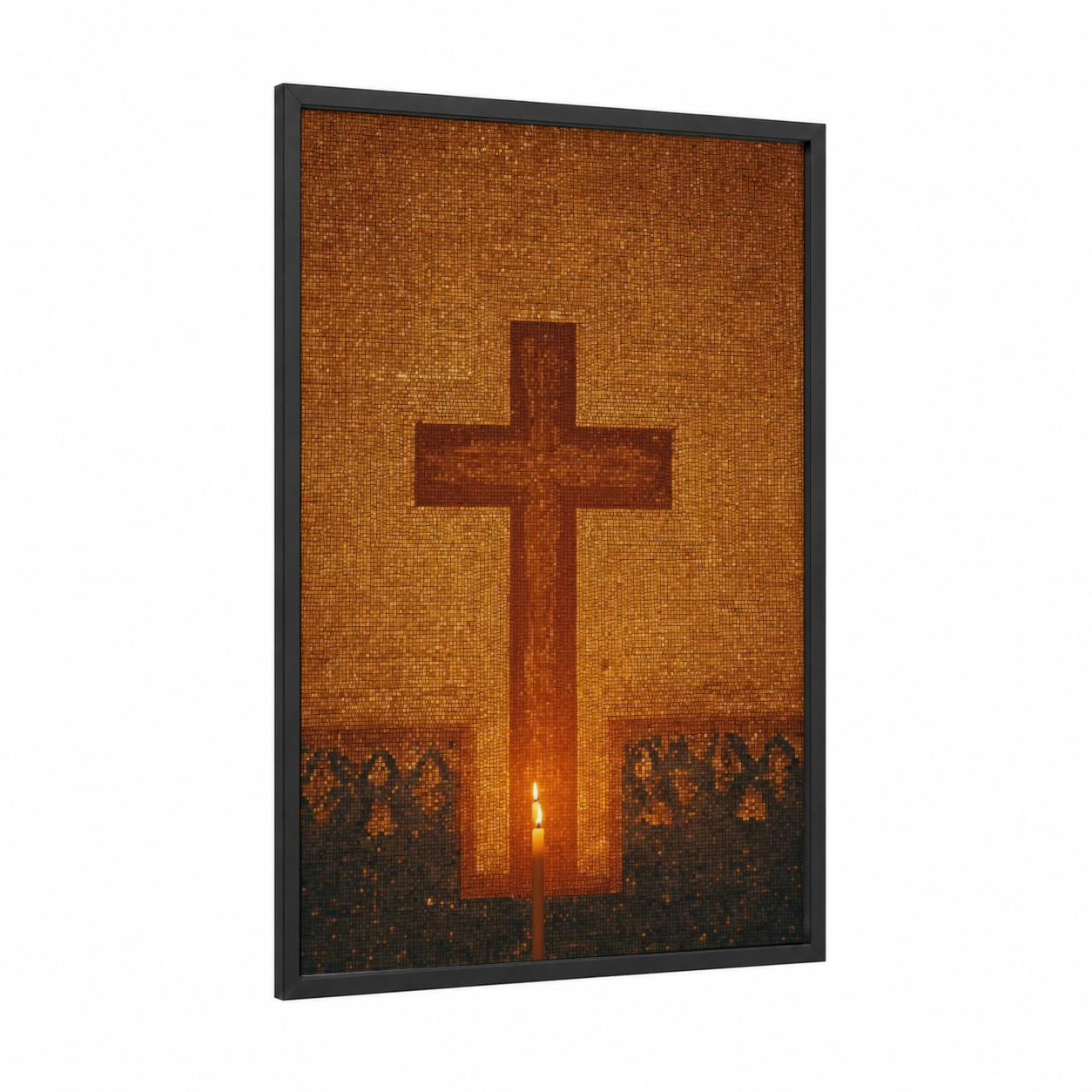 Sacred Cross Light framed christian symbols print — black wood frame — gold and red palette