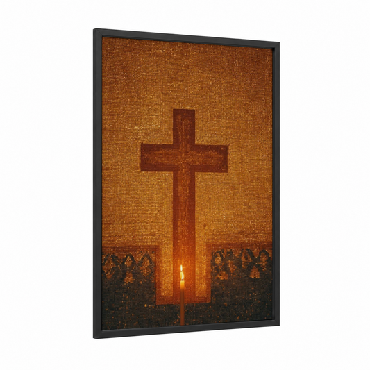Sacred Cross Light framed christian symbols print — black wood frame — gold and red palette